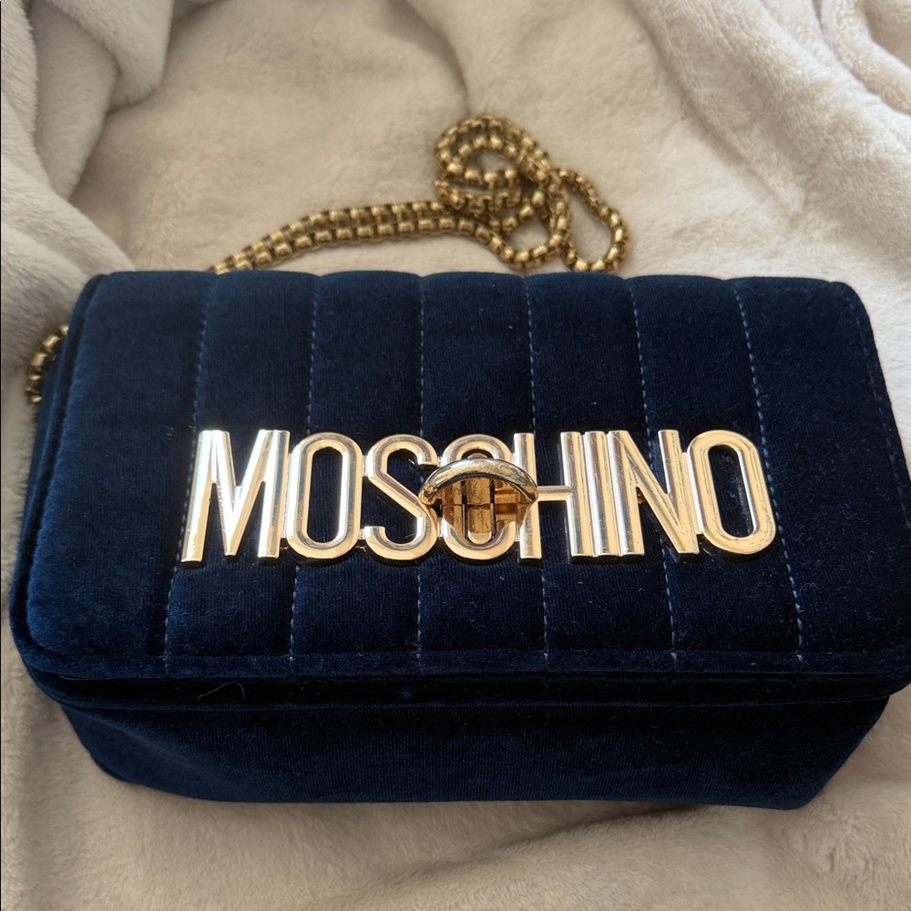 Moschino Dark Blue Velvet Crossbody Bag with Gold Accents
